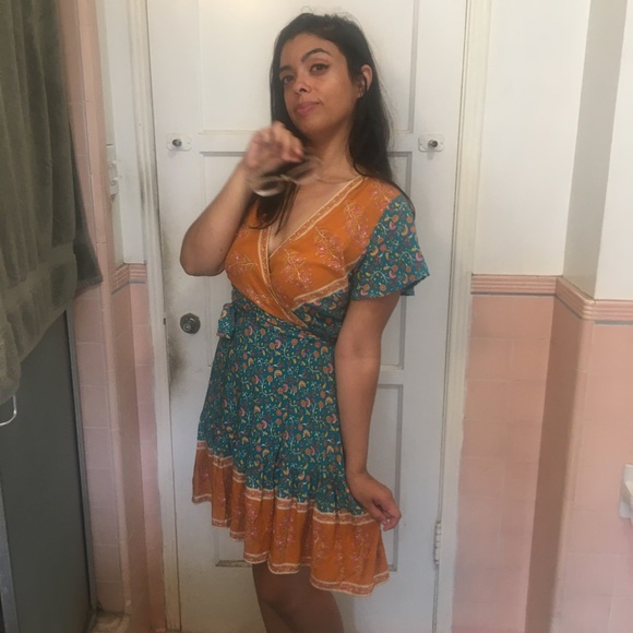Boho Teal & Orange Wrap Dress - Picture 6 of 17
